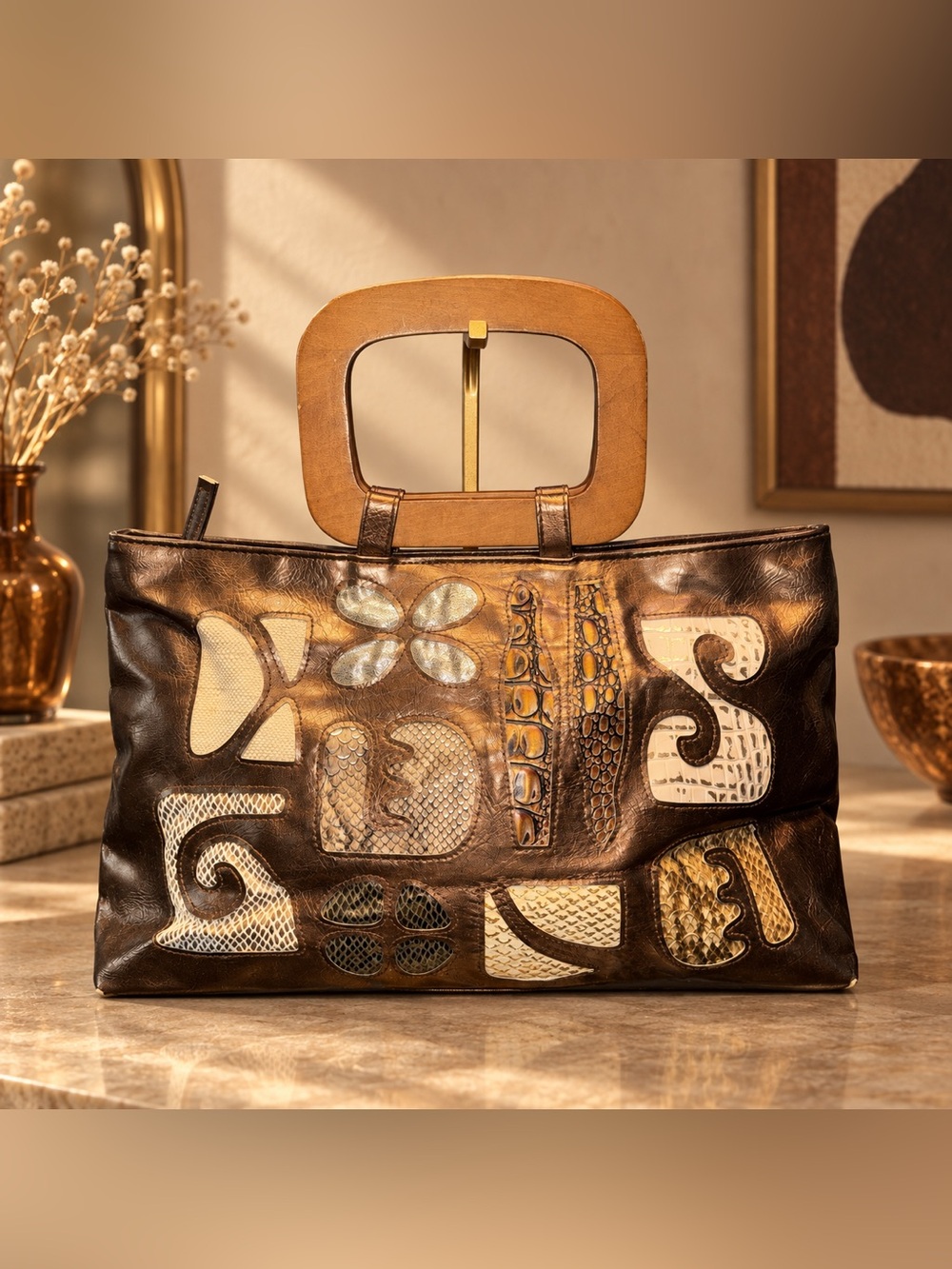 Vintage Tianni Bronze Patchwork Handbag Wood Handle Y2K Boho Purse